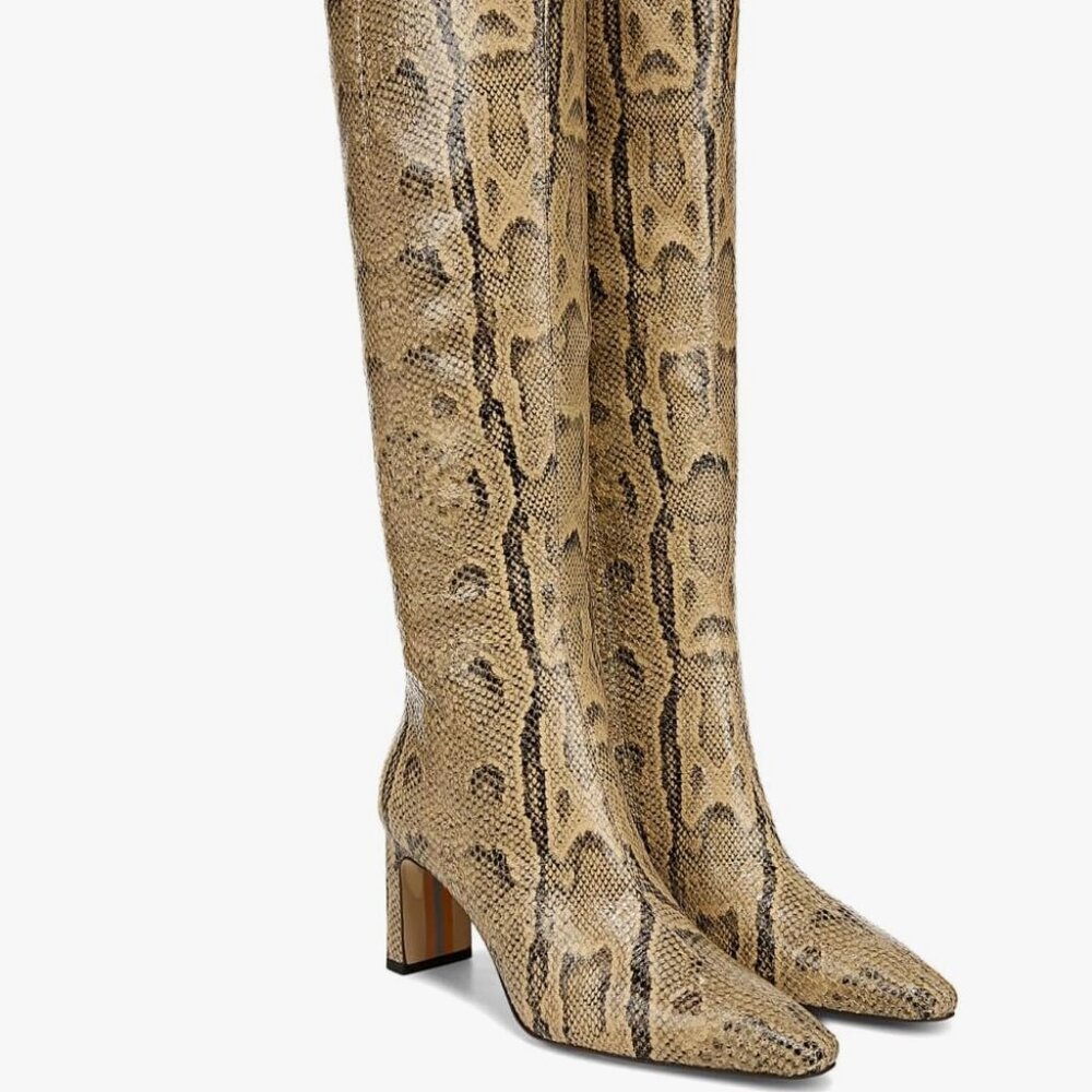 Sam Edelman Tall Snakeskin-Print Heeled Boots in Beige and Black 8.5 wide calf